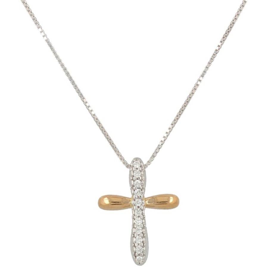 Gioielli Gioiello Italiano Oro | Collana Con Croce In Oro Bianco E Rosa 18Kt E Diamanti 0.06Ct