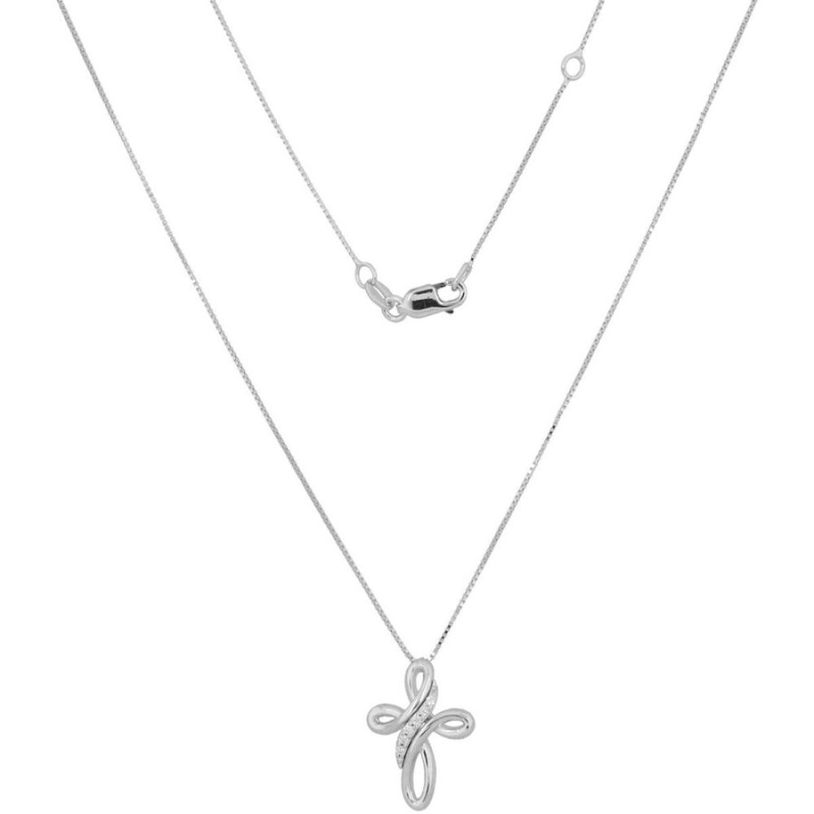 Gioielli Gioiello Italiano Oro | Collana Con Croce In Oro Bianco 18Kt E Diamanti Da 0.033Ct