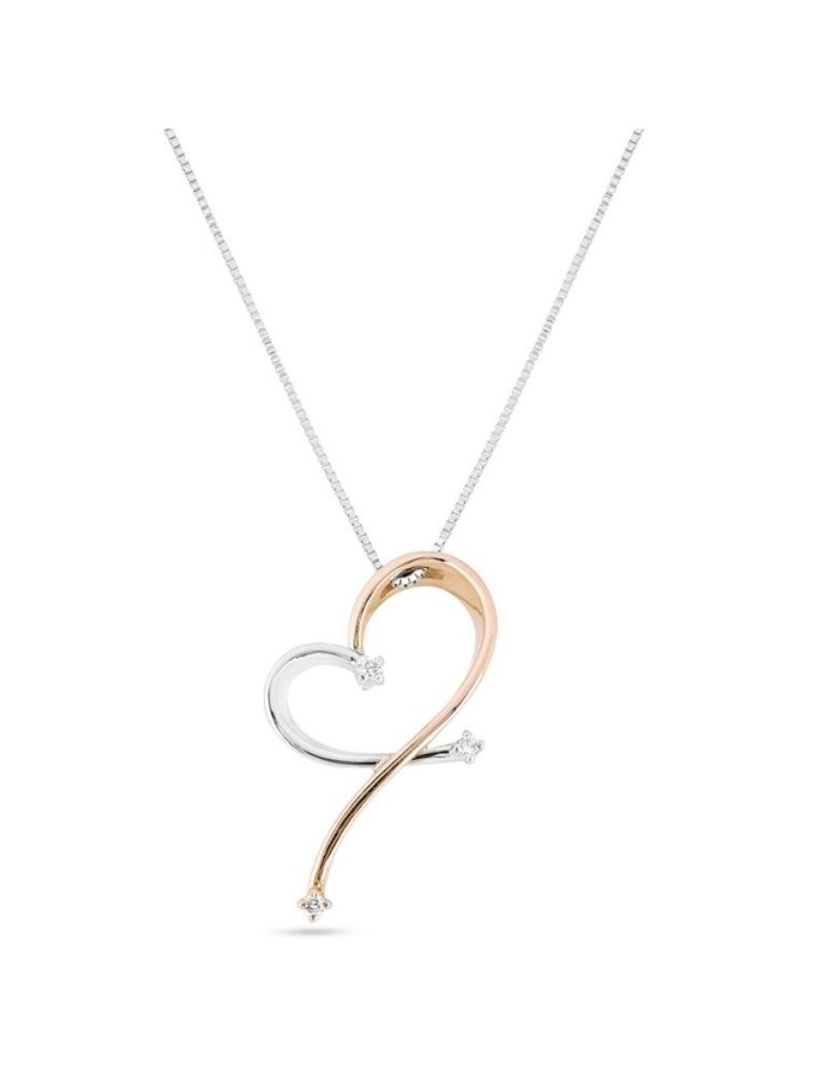 Gioielli Gioiello Italiano Oro | Collana A Cuore In Oro Bianco E Rosa 18Kt Con Tre Diamanti