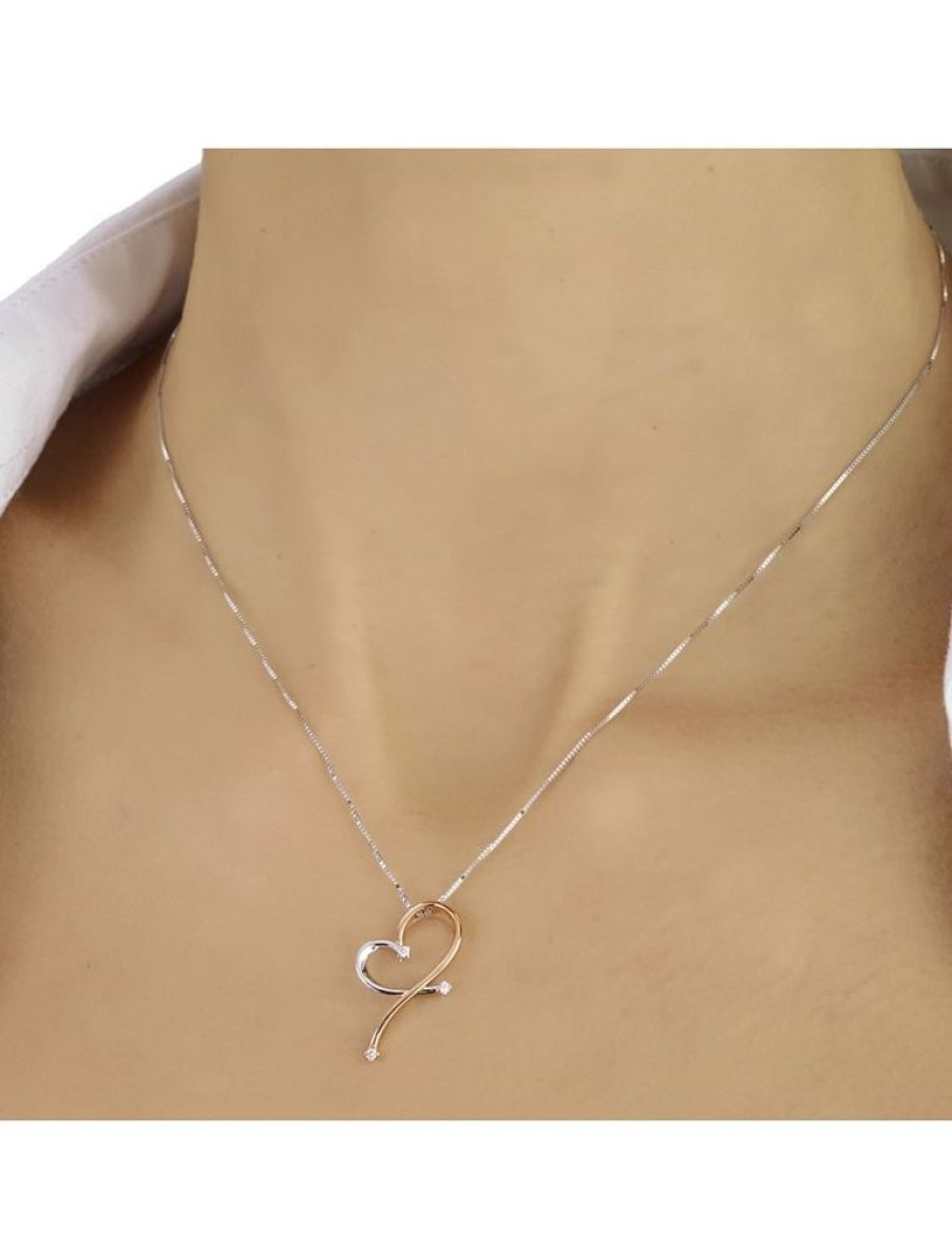 Gioielli Gioiello Italiano Oro | Collana A Cuore In Oro Bianco E Rosa 18Kt Con Tre Diamanti