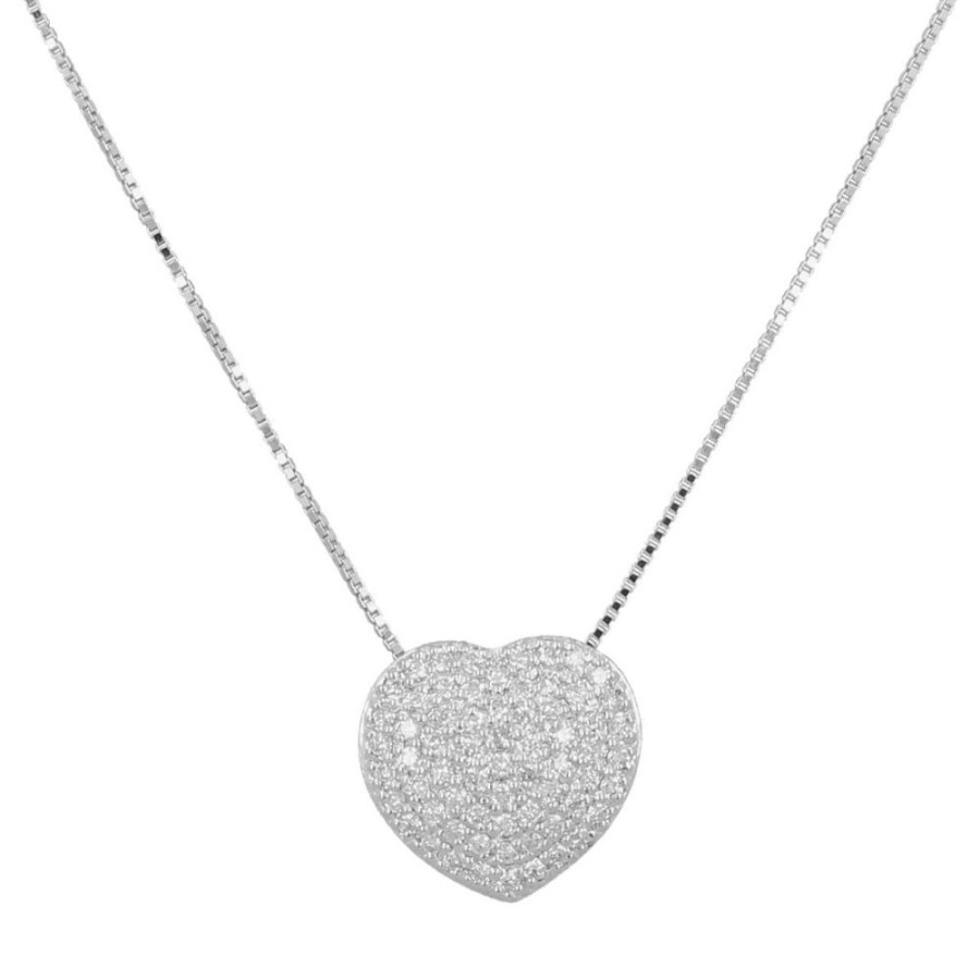 Gioielli Gioiello Italiano Oro | Collana In Oro Bianco 18Kt Con Cuore E Pave Di Diamanti 0.36Ct